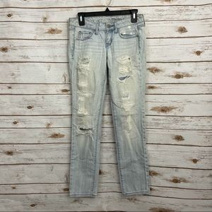 American Eagle Light Wash Distressed Bleach Spot Skinny Jeans